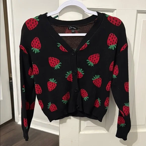Girls Art Class Black and Red Cropped Cardigan with Strawberry Print - Picture 1 of 2